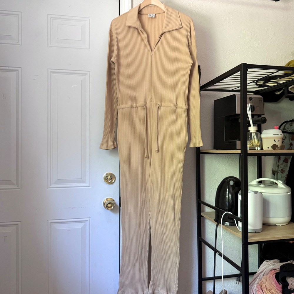 BASERANGE tan chunky rib ribbed tie waist organic cotton long sleeve jumpsuit